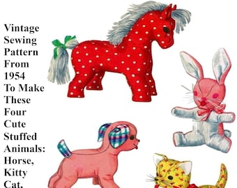 Stuffed Animals Sewing Pattern Baby Craft Toy, Horse, Bunny Rabbit, Cat, Dog, Pattern Will Be Mailed To You