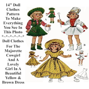 May include: A vintage sewing pattern for making doll clothes. The pattern includes instructions for making a majorette cowgirl outfit, a yellow and brown dress, and a white dress with a red sash. The pattern is for 14-inch dolls.