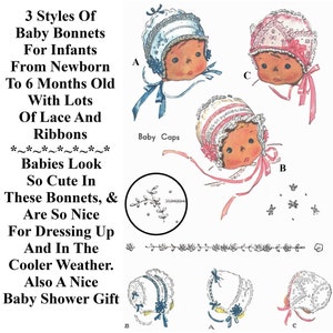 Baby Bonnets Pattern 3 Styles, Size For New Borns To Infants