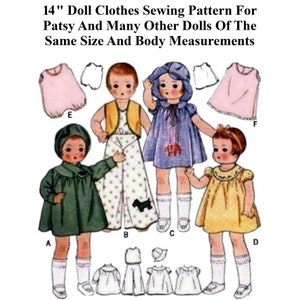 May include: A sewing pattern for making clothes for 14 inch dolls. The pattern includes instructions for making a dress, pants, a vest, and a hat. The pattern is illustrated with drawings of dolls wearing the finished garments.