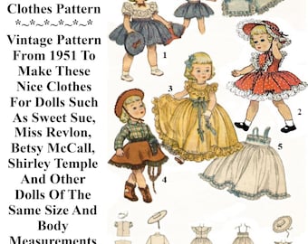 19" Doll Clothes Pattern, Cowgirl Clothes for Miss Revlon, Slender Shirley Temple, Sweet Sue, Betsy McCall & Many Other Dolls
