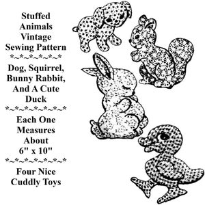 Stuffed Animals Sewing Pattern Dog, Duck, Rabbit, Squirrel Soft Cuddle Toys Vintage Pattern PDF Instant Download