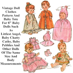 8&quot; Baby Doll Clothes Pattern, With Baby Tote Shown in Pink, For Baby Pebbles, Baby Chatty Cathy, Littlest Angel, Vintage Sewing Pattern