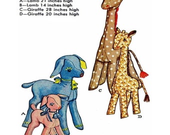May include: Four patterns for stuffed baby animals: a blue lamb, a pink lamb, a brown and white giraffe, and a yellow and brown giraffe. The patterns include instructions for making the animals 14, 20, 21, and 28 inches tall.