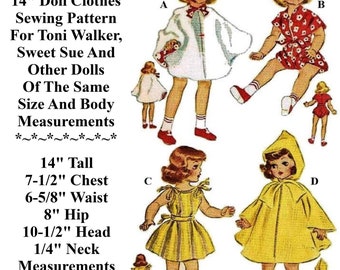14" Doll Clothes Pattern For Toni Walker, Sweet Sue & Many Other Dolls Of The Same Size And Body Measurements, Vintage Sewing Pattern