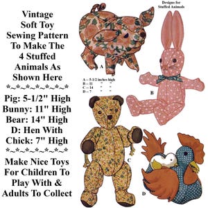 Bunny Rabbit, Pig, Bear, Hen With Chick Soft Toy Pattern Vintage Sewing Pattern c. 1941