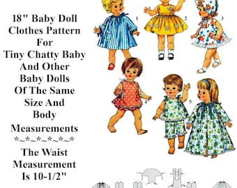 May include: A sewing pattern for making clothes for 18-inch baby dolls. The pattern includes instructions for making a dress, a romper, a nightgown, and a bonnet. The pattern is for dolls with a 10 1/2 inch waist.