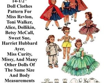 14-1/2" Doll Clothes Pattern For Miss Revlon, Toni Walker, Betsy McCall And Many Others, Vintage Sewing Pattern From The 1950s