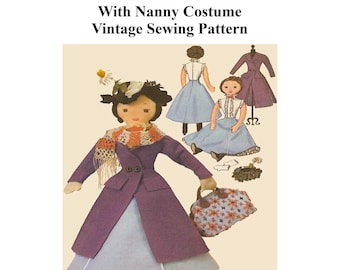 17" Doll Pattern, Mary Poppins Doll Pattern And Doll Clothes Pattern Dressed In Her Nanny Costume, Vintage Sewing Pattern c. 1964