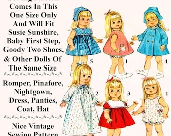 May include: Vintage sewing pattern for 18-inch dolls. The pattern includes instructions for making a romper, pinafore, nightgown, dress, panties, coat, and hat. The pattern is illustrated with drawings of dolls wearing the different garments.