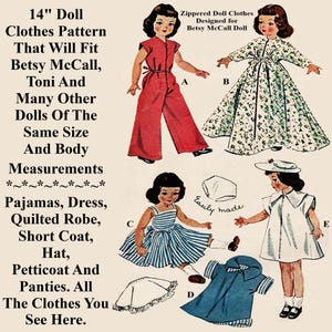 14" Doll Clothes Pattern For Betsy McCall, Toni & Many Other Dolls Of The Same Size, Vintage Sewing Pattern