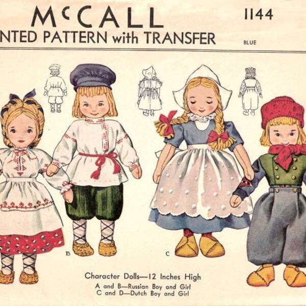 12" Russian & Dutch Boy and Girl International Cloth Doll Pattern McCall 1144 Vintage Pattern PDF Digital Download