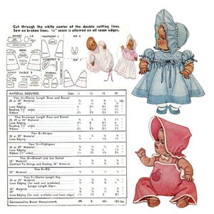 May include: A vintage sewing pattern for making doll clothes. The pattern includes instructions for making a dress, bonnet, sunbonnet, overall, and sacque. The pattern is for sizes 11, 13, 15, and 20. The pattern also includes a material requirements chart.