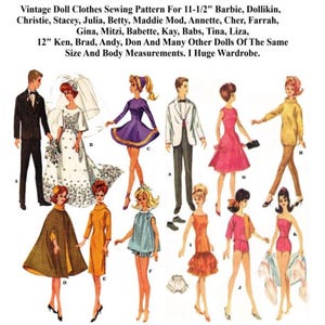 May include: A vintage sewing pattern for 11-1/2 inch and 12 inch dolls, featuring illustrations of various outfits including a wedding gown, suits, dresses, and capes for dolls like Barbie and Ken, with text listing compatible doll names.