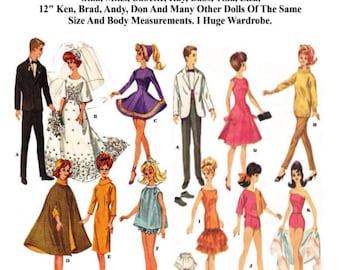 May include: A vintage sewing pattern for 11-1/2 inch and 12 inch dolls, featuring illustrations of various outfits including a wedding gown, suits, dresses, and capes for dolls like Barbie and Ken, with text listing compatible doll names.