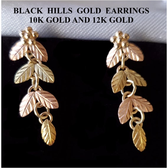 Black Hills Gold Earrings - 10K & 12K Gold - Yellow Gold and Rose Gold - 3 Leaf Drop Earrings