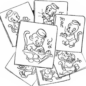 Monkey Hand Embroidery Pattern Days of the Week Hot Iron Transfers, Towels, Potholders, Kitchen Curtains, PDF Digital Download