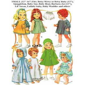 May include: A vintage sewing pattern for making doll clothes. The pattern includes instructions for making dresses, coats, and hats for dolls that are 12 to 16 inches tall. The pattern is illustrated with drawings of dolls wearing the different garments.