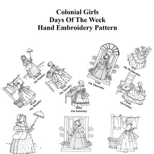 Colonial Girls Days Of The Week Hand Embroidery Pattern, Vintage Embroidery Hot Iron Transfer PDF Digital Download