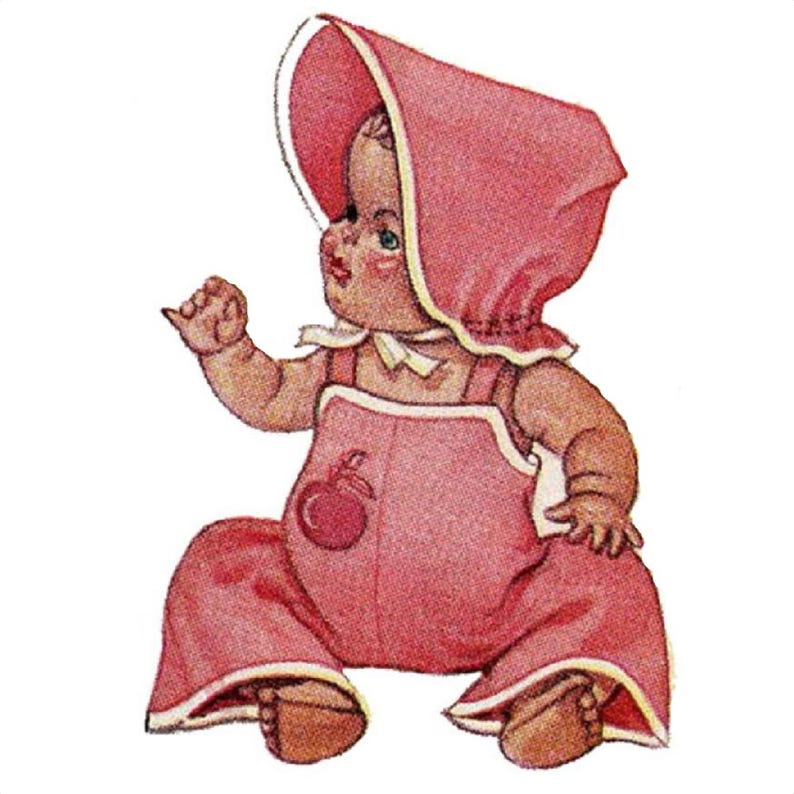 May include: A pink doll wearing a pink bonnet and pink overalls with an apple design. The doll is sitting with its legs crossed and its arms outstretched.