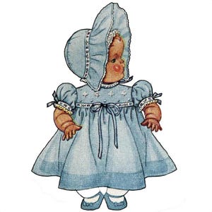 May include: A vintage illustration of a baby doll wearing a blue dress with a white lace trim and a matching bonnet. The doll has a light brown complexion and brown eyes.