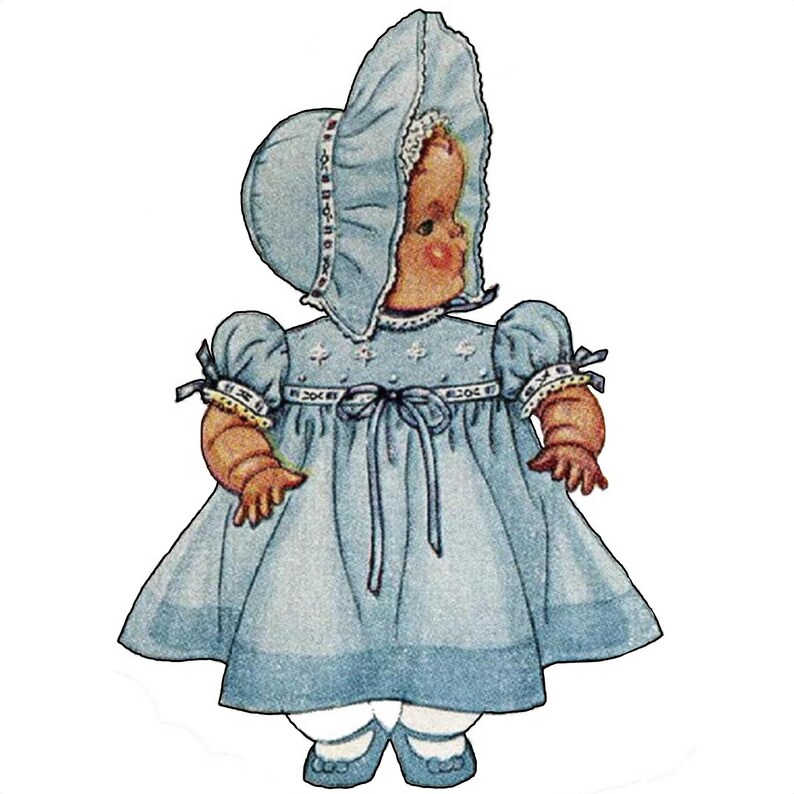 May include: A vintage illustration of a baby doll wearing a blue dress with a white lace trim and a matching bonnet. The doll has a light brown complexion and brown eyes.