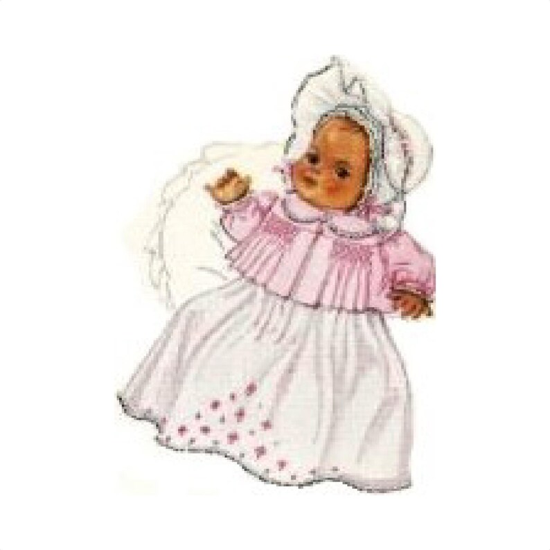 May include: A white baby dress with pink embroidery and a pink knitted jacket. The baby is wearing a white bonnet.