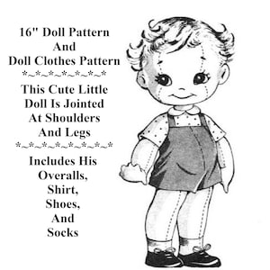 16" Little Boy Doll & Doll Clothes Vintage Sewing Pattern Jointed At Shoulders And Legs PDF Digital Download Printed On 8-1/2 x 11" Paper