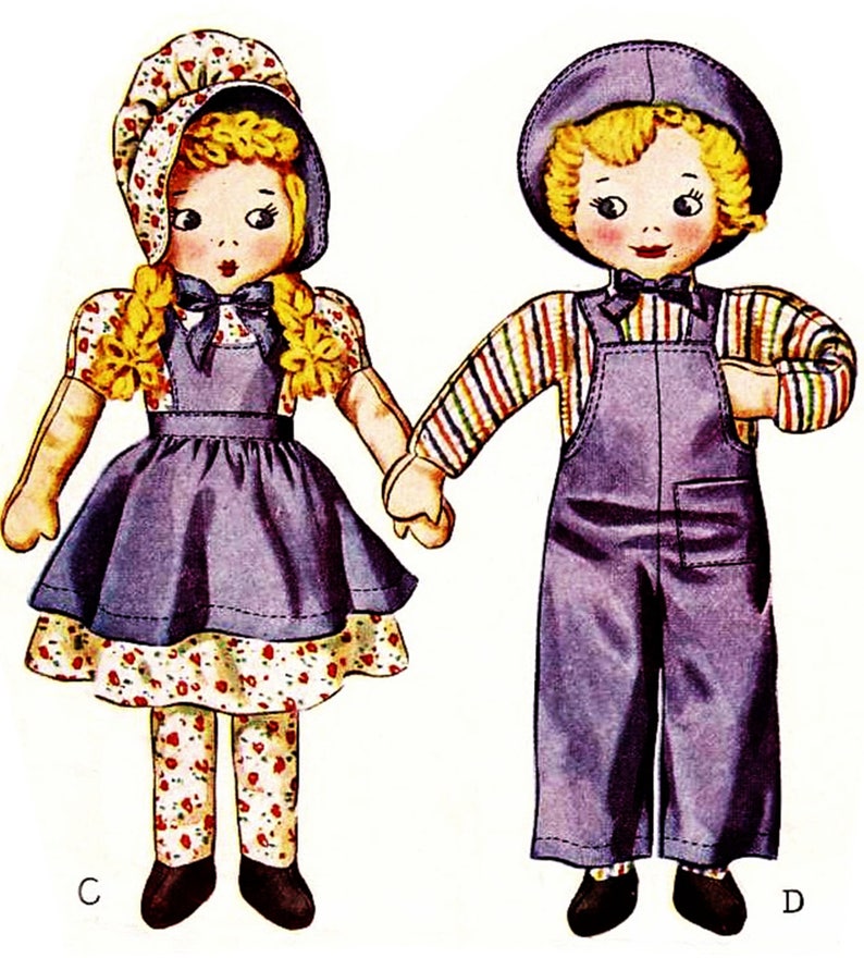 Vintage Sunbonnet Sue /& Sam Cloth Stuffed Dolls Pattern ~ 18-19/" tall 1940s