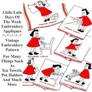 Little Lulu Hand Embroidery Pattern, Vintage Little Lulu Days of the Week, DOW, Comic Book Character