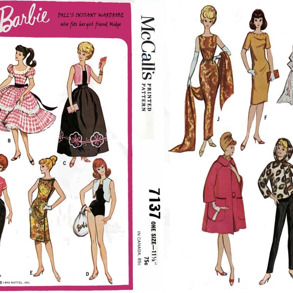 Barbie Doll Clothes Pattern McCall's 7137 Vintage Sewing Pattern PDF Digital Download