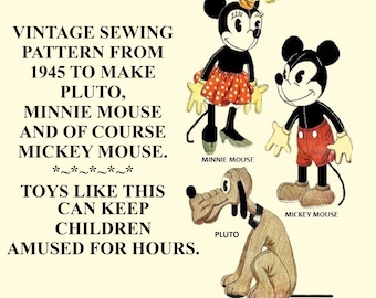 May include: Vintage sewing pattern from 1945 to make Pluto, Minnie Mouse, and Mickey Mouse. The pattern includes instructions for making toys like this that can keep children amused for hours.