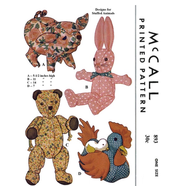 McCall 893 Soft Toy Pattern Bunny Rabbit, Pig, Bear, Hen PDF Download on 8-1/2x11" Paper A4