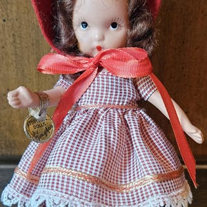 5-1/2&quot; Bisque Nancy Ann Storybook Doll #120 With Wrist Tag, &quot;To Market, To Market To Buy A Fat Hen&quot;, Straight Leg Vintage 1940s Doll