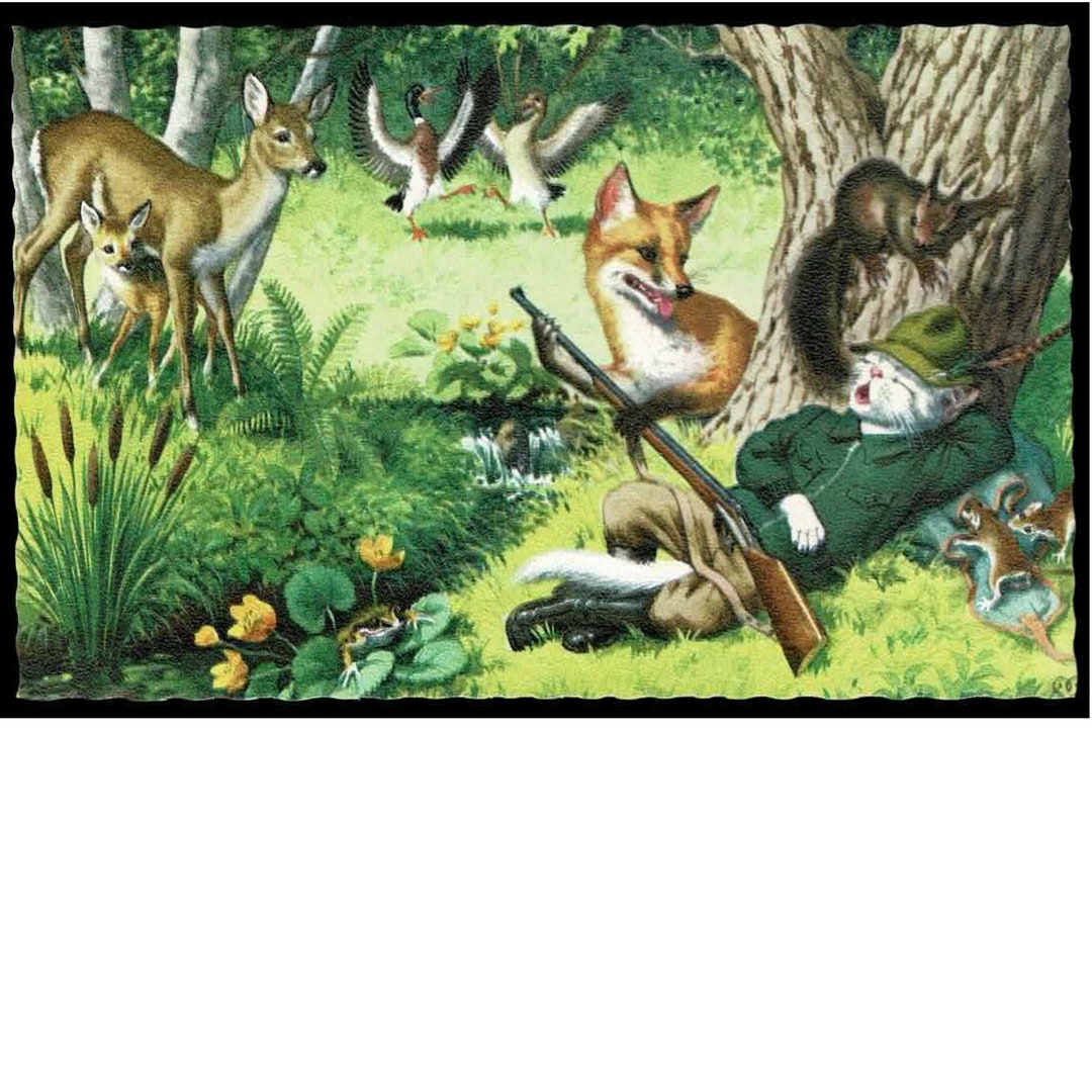 Mainzer Cats, Hunter in Woods 4921, Paper Ephemera, Vintage Postcard,  Deckle Edge, Eugen Hartung, Deer With Fawn, Fox, Squirrel, Mice, Frog - Etsy, image size:1080x1080