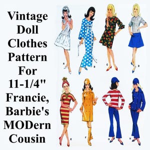11-1/4&quot; Francie Doll Clothes Pattern, Barbie&#39;s MODern Cousin Vintage Doll Clothes Sewing Pattern
