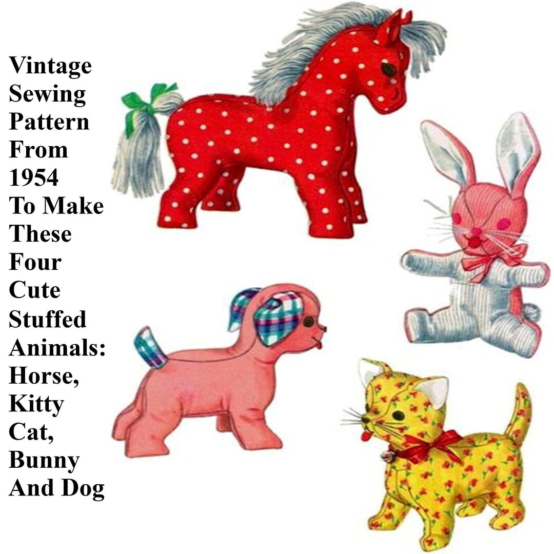 Stuffed Animals Sewing Pattern Baby Craft Toy, Horse, Bunny Rabbit, Cat ...