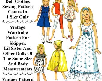 May include: Vintage sewing pattern for 9-inch dolls, featuring five different outfits. The pattern is from 1965 and includes a dress, pants, a cape, and two other dresses. The pattern is for Skipper, Lil Sister, and other dolls of the same size.