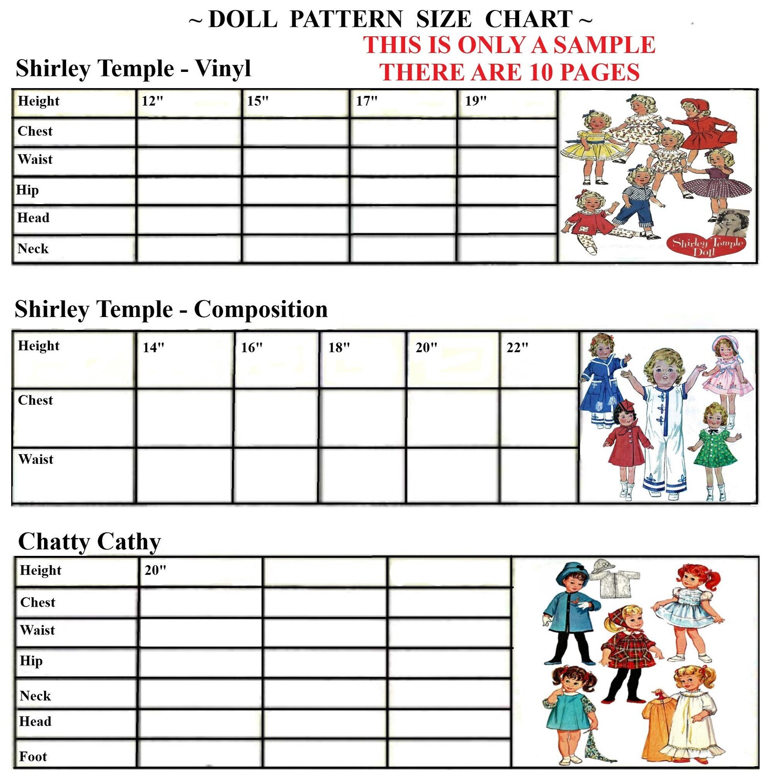 Doll Size Chart Doll Sizes Measurements PDF Digital Etsy