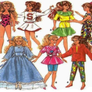 May include: An illustration of seven dolls with long brown hair, each wearing different outfits: a pink leopard print swimsuit, a white cheerleader uniform with a red S, a yellow and green dress, a colorful jumpsuit, a blue gown, a pink star shirt, and a red jacket.