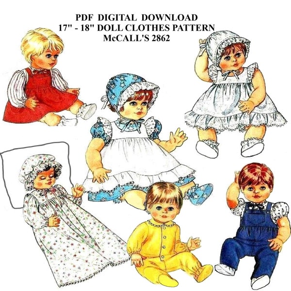 17" to 18" Baby Doll Clothes, McCall's 2862, Large Size Vintage Pattern PDF Digital Download on 8-1/2x11" Paper