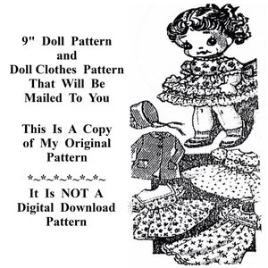 9" Doll Pattern and Doll Clothes Vintage Sewing Pattern This Pattern Will Be Mailed To You