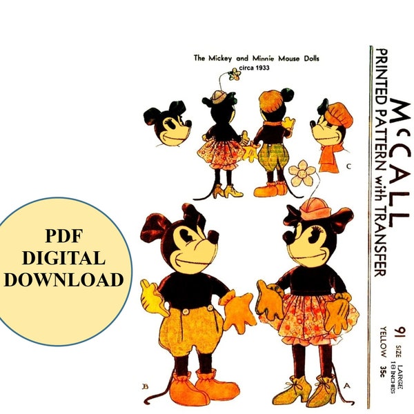 18" Doll Pattern Mickey Mouse & Minnie Mouse c. 1933 McCall 91 Vintage Pattern PDF Digital Download