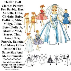 11-1/2&quot; Doll Clothes Pattern For Barbie, Kay, Annette, Christie, Midge, Stacey, Tina And Many Other Dolls