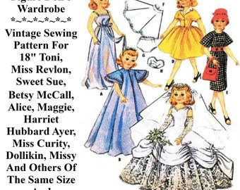 18" Miss Revlon, Toni, Sweet Sue, Betsy McCall, Alice, Maggie, Miss Curity, Dollikin, Missy, Harriet Hubbard Ayer Doll Clothes Pattern