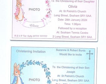 Invitaciones de bautizo personalizadas estilo 'Peter Rabbit' con foto