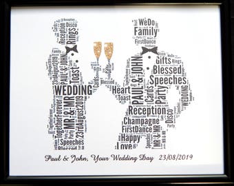 Personalised Gay Male Wedding, Civil Wedding Word Art Design (B) Presented In a Glass Front Frame, Beautiful Unique Gift & Keepsake