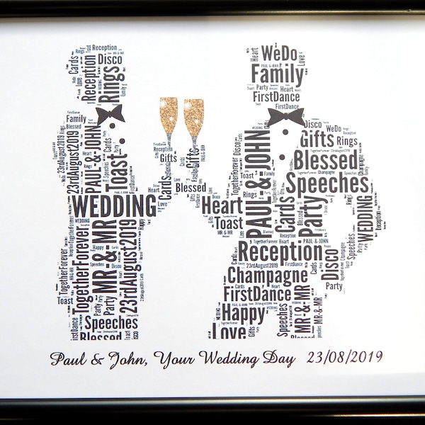 Personalised Gay Male Wedding, Civil Wedding Word Art Design (B) Presented In a Glass Front Frame, Beautiful Unique Gift & Keepsake