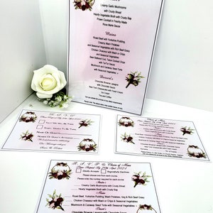 75 o 100 x R.S.V.P de boda, Menú a elegir, R.S.V.P + Menú o Tarjetas de menú de mesa Diseño 01A Flores personalizadas en color burdeos y rosa + Sobres