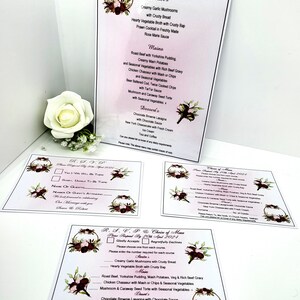25 o 50 x R.S.V.P de boda, Menú a elegir, R.S.V.P + Menú o Tarjetas de menú de mesa Diseño 01A Flores personalizadas en color burdeos y rosa + Sobres